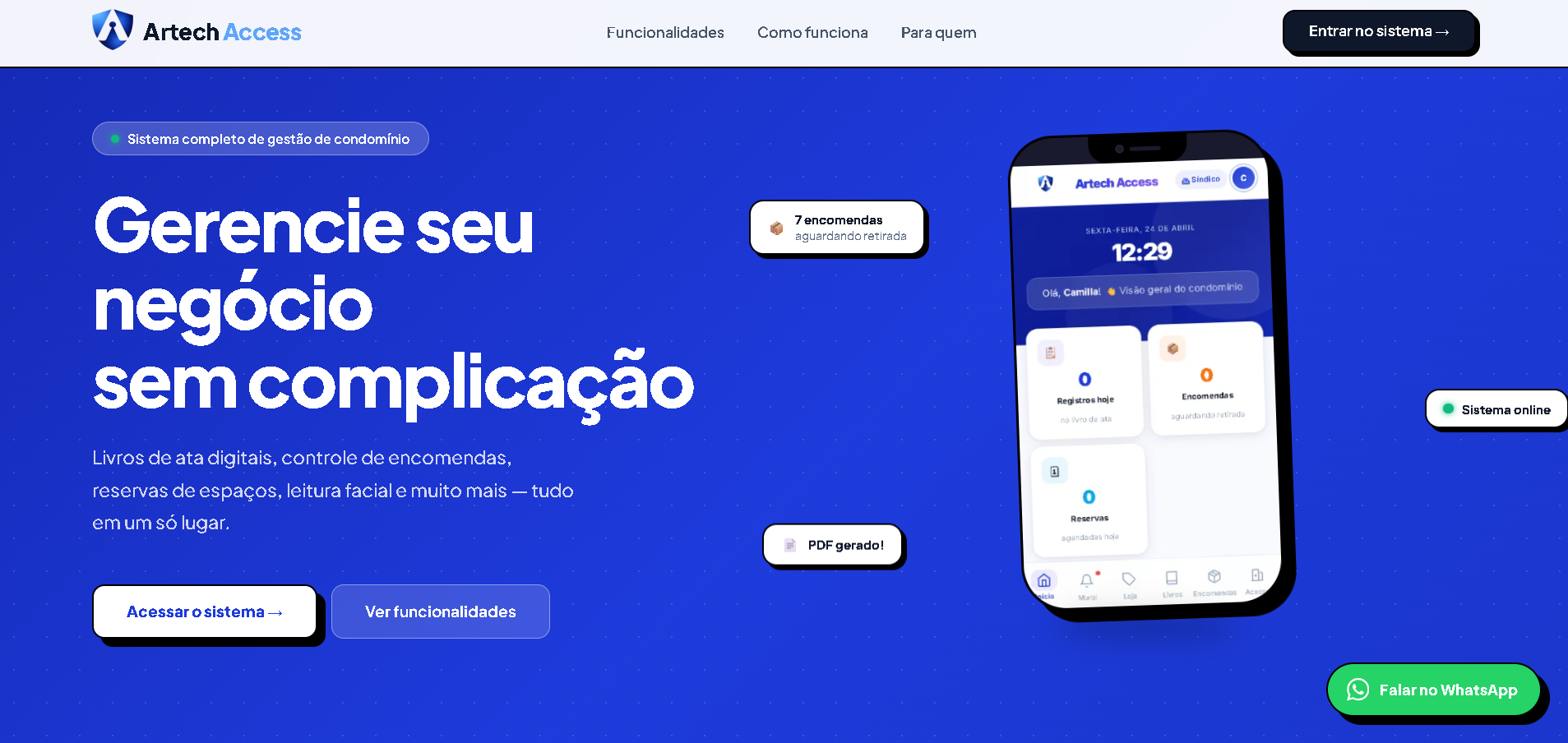 Painel do Artech Access, sistema de gestão de condomínio