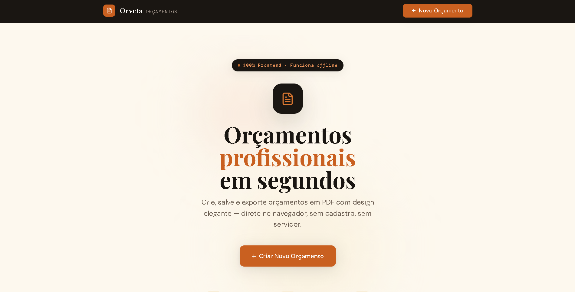 Tela de geração de orçamento em PDF do Orveta